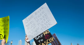 a protestor at a women's march holds up a sign that reads: QUEER POWER, WOMEN POWER, BLACK POWER, MUSLIM POWER, IMMIGRANT POWER, HUMAN POWER, SAY NO TO FACISM.