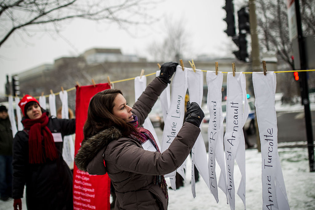 a memorial bears the names of the victims to mark the 25th anniversary of the Ecole Polytechnique massacre in Montreal